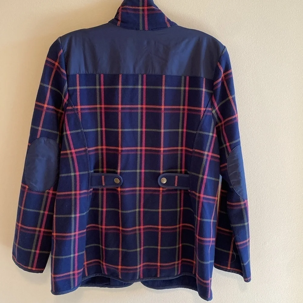 T by Talbots navy orange pink plaid cotton blend casual jacket zip closure MP